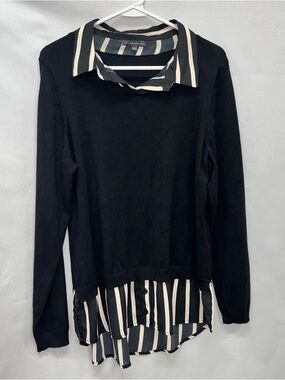 Adrianna Papell Black Sweater Top with White Striped Collar & Hem